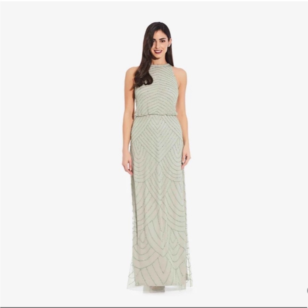 Adrianna Papell Green Halter Pleated Maxi Dress Art Deco Beaded
